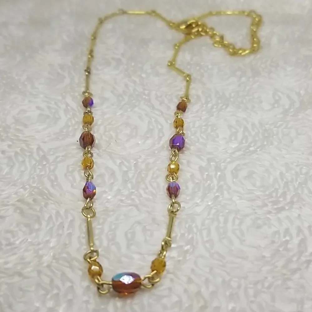 LCI Liz Claiborne Necklace Crystal Brown Beads Gold Tone Links Necklace